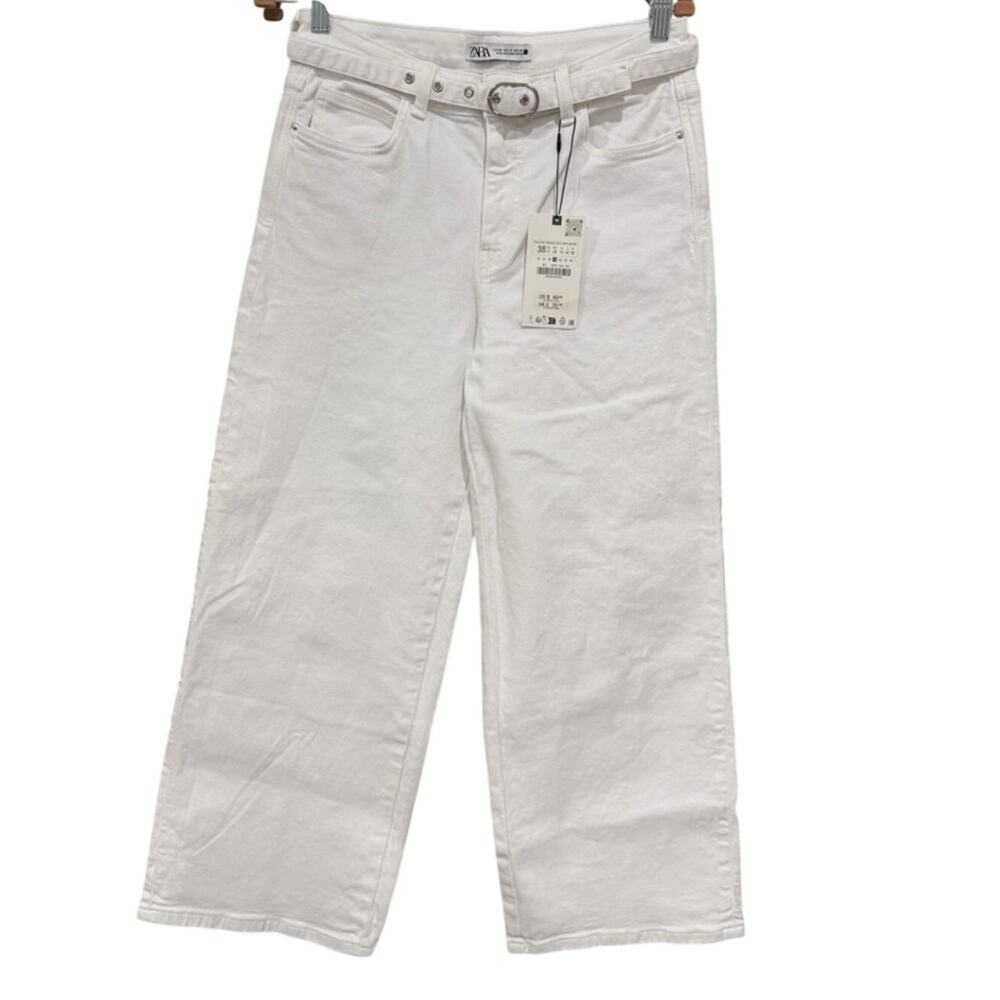 ZARA Belted White High-Rise Wide-Leg Stretch Jeans 6 Small